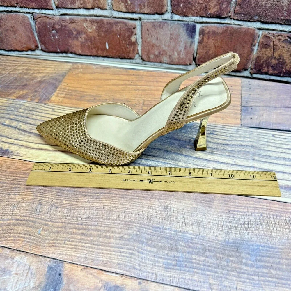 Halston Women's Hawaii Embellished Slingback Pointed Toe Heels Gold Rhinestone 8